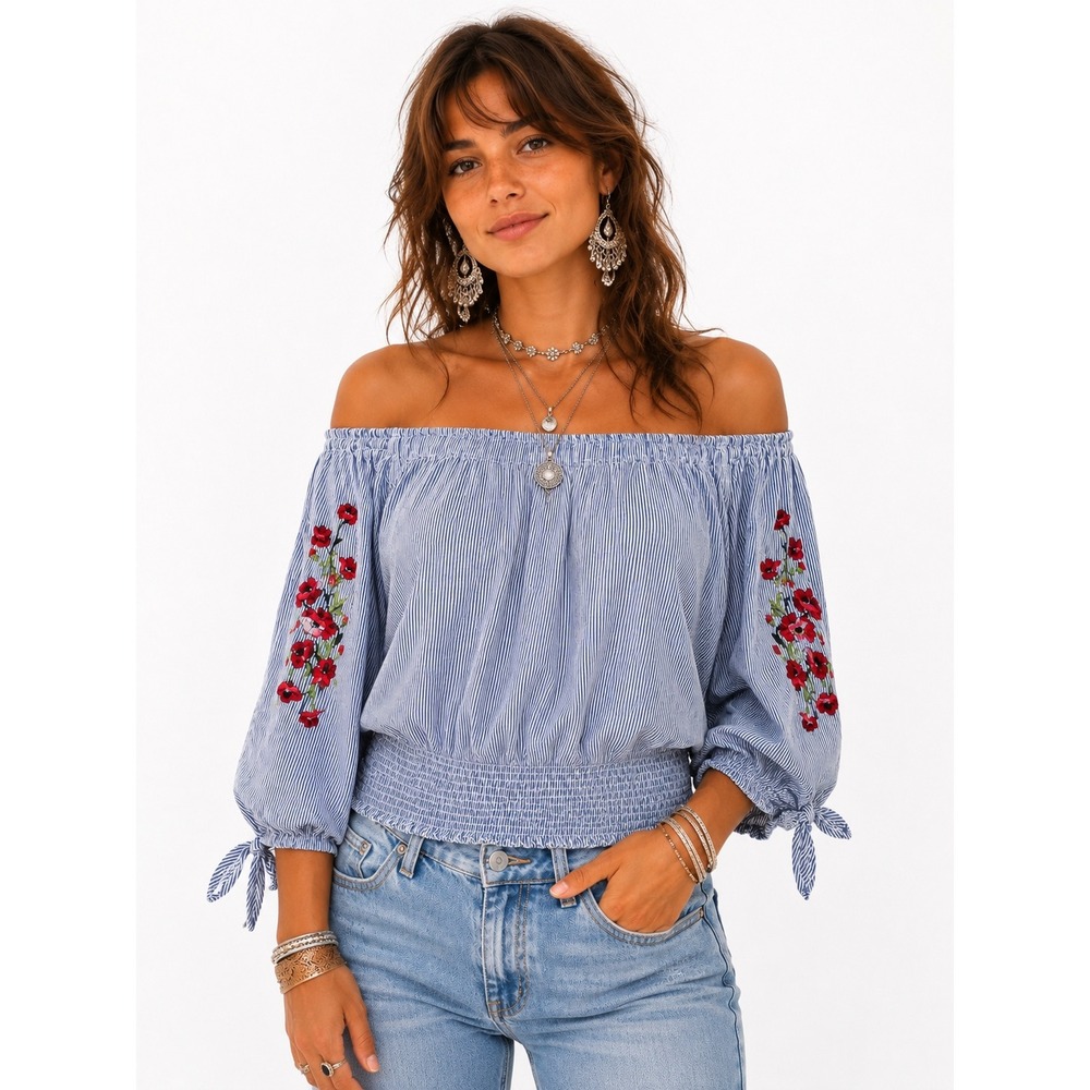 Hollister Blue White Striped Floral Embroidered Off Shoulder Top M Festival Boho